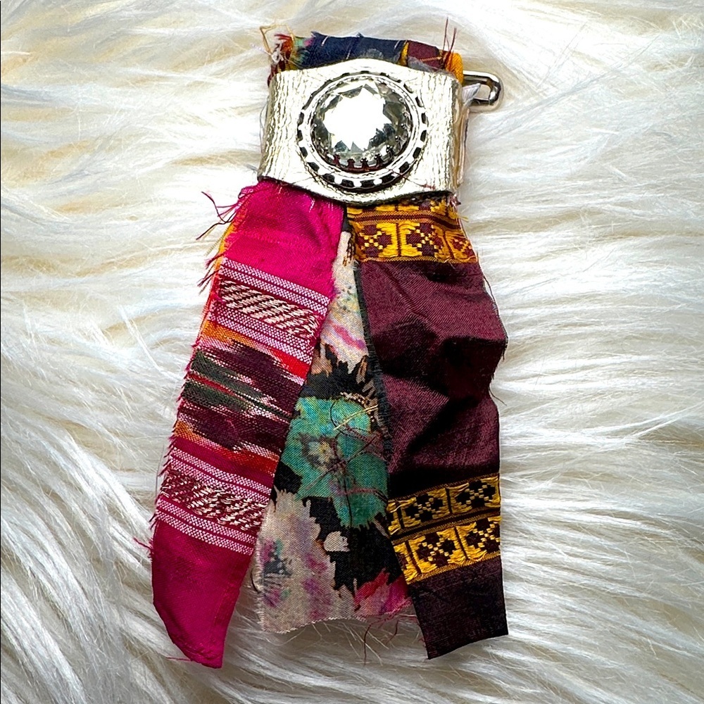 Boho | Fabric Brooch |,Hand Crafted Pin Crystal Embellished 5’ Silk and Lace
